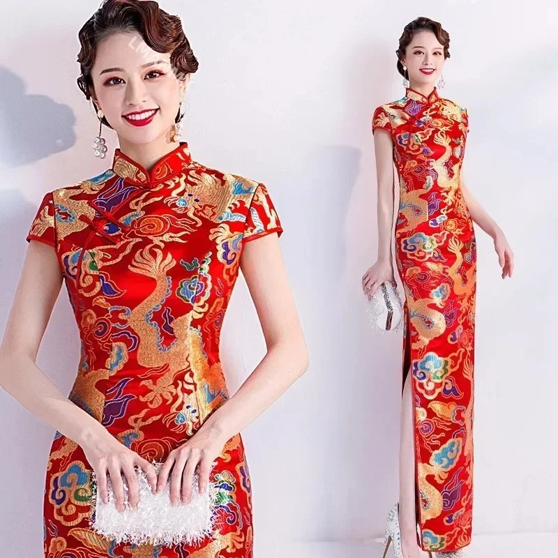 

chinese new year women clothes long dress red cheongsams qipao wedding dress pluss size woman evening Silk satin Dragon Phoenix