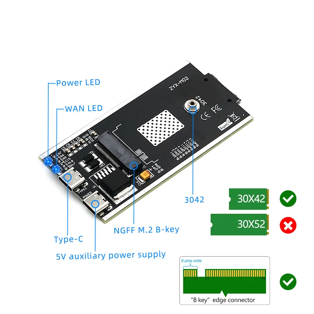 M.2 Wifi Adapter NGFF M.2 to USB Wifi Adapter USB 2.0 to TYPE C Cable SIM Card Slot 5V Auxiliary Power for WWAN/LTE/3G/4G Module