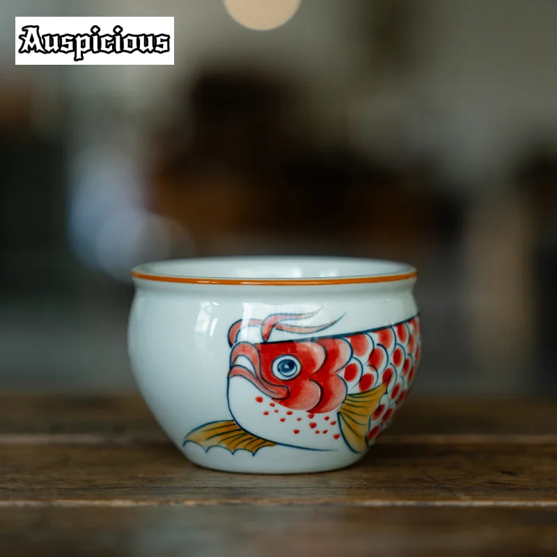 Pure Hand-painted Red Dragon Fish Teacup Nafu Blue and White Cylinder Cup Beautiful Master Cup Tea Bowl Chazhan Drinkware 180ml