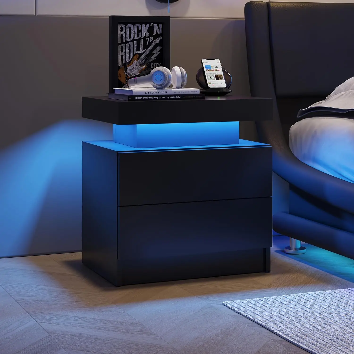LED Nightstand with 2 Drawers Modern Night Stand with LED Lights Night Stands for Living Room,Bedroom , Customized