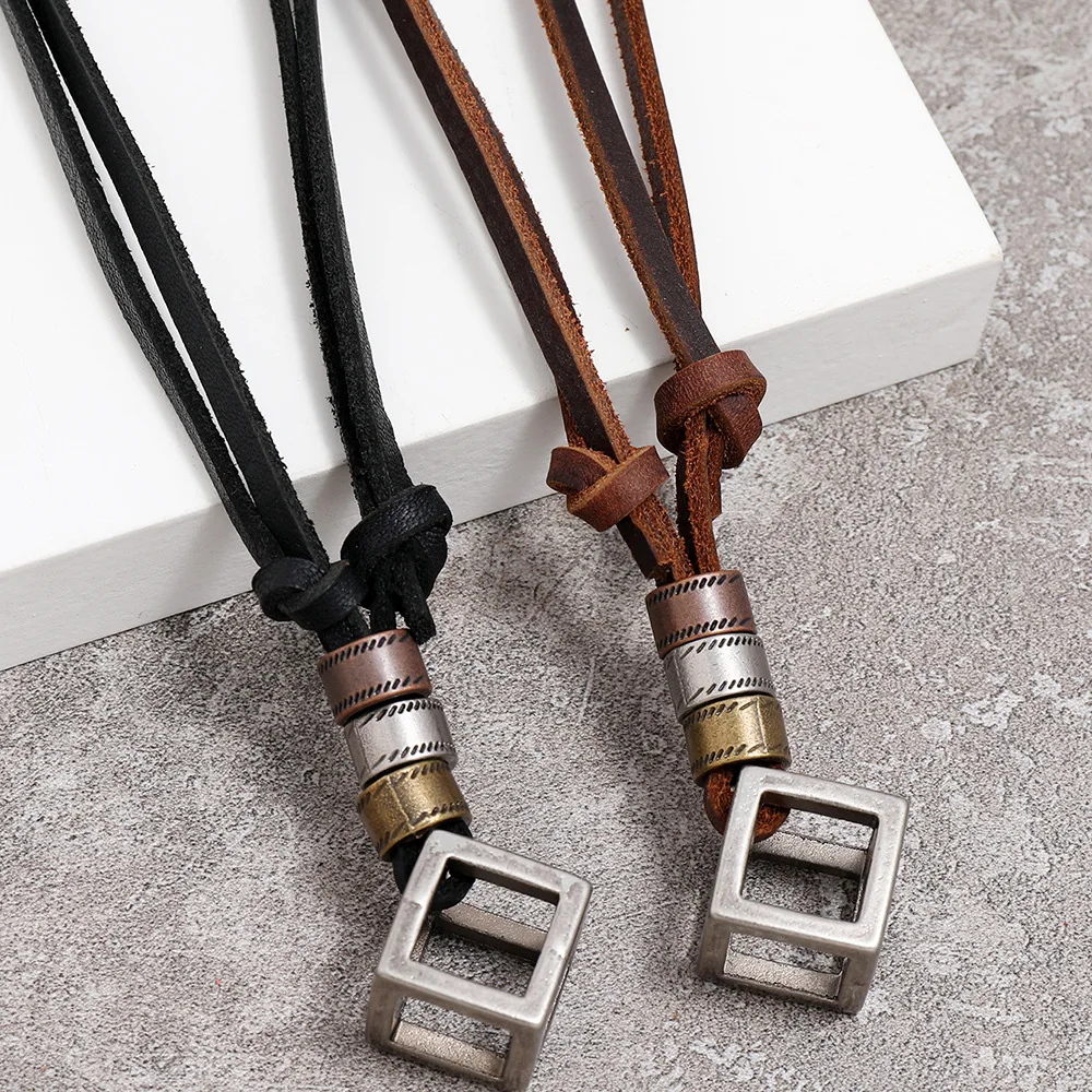 Man Genuine Leather Men Necklaces Hollow Square Pendants Punk Vintage Adjustable Brown Rope Chain Male Jewelry Mens Jewellery