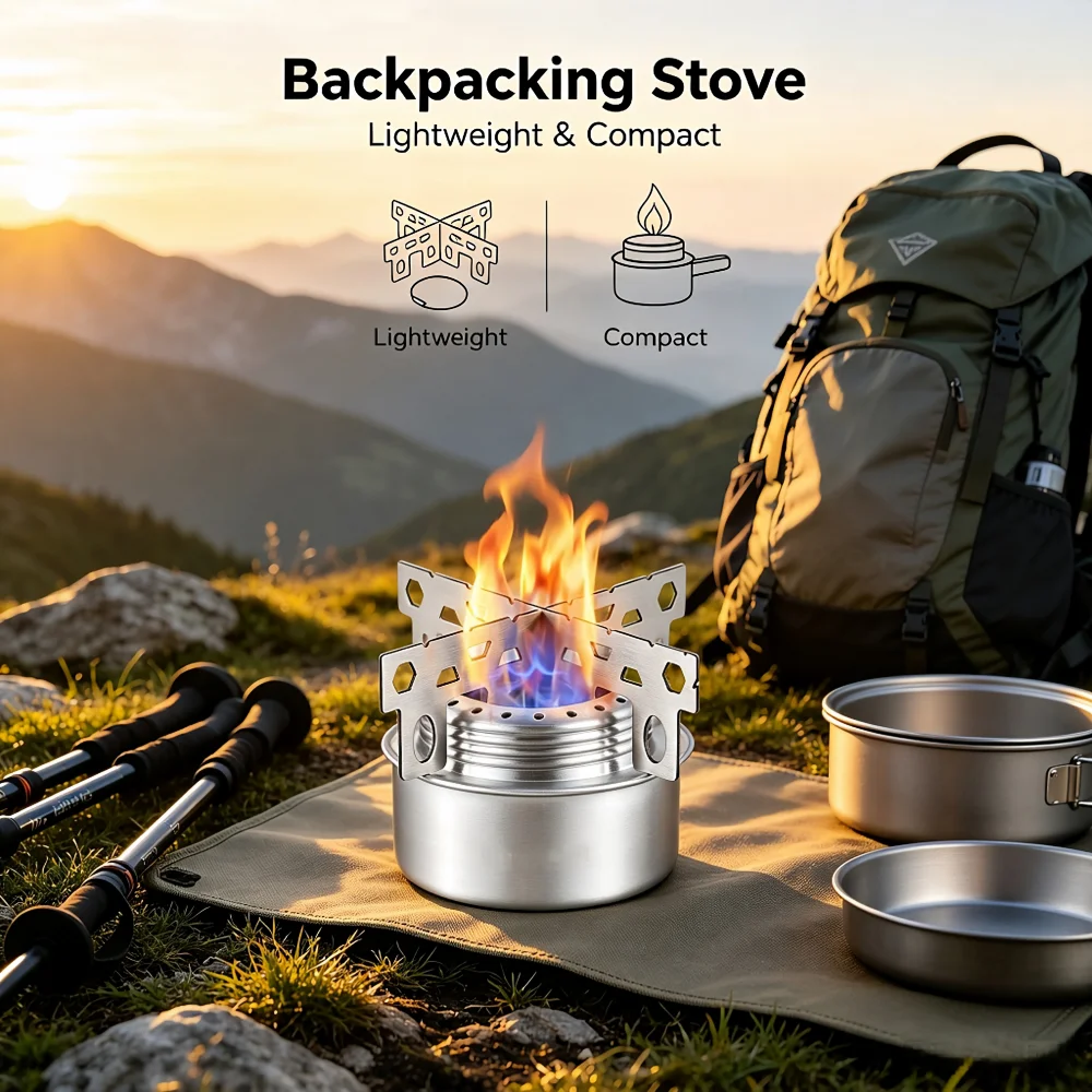 Portable Mini Aluminum Alloy Alcohol Stove, Camping Cooking Burner with Cross Stand, Outdoor for Backpacking Hiking Picnic