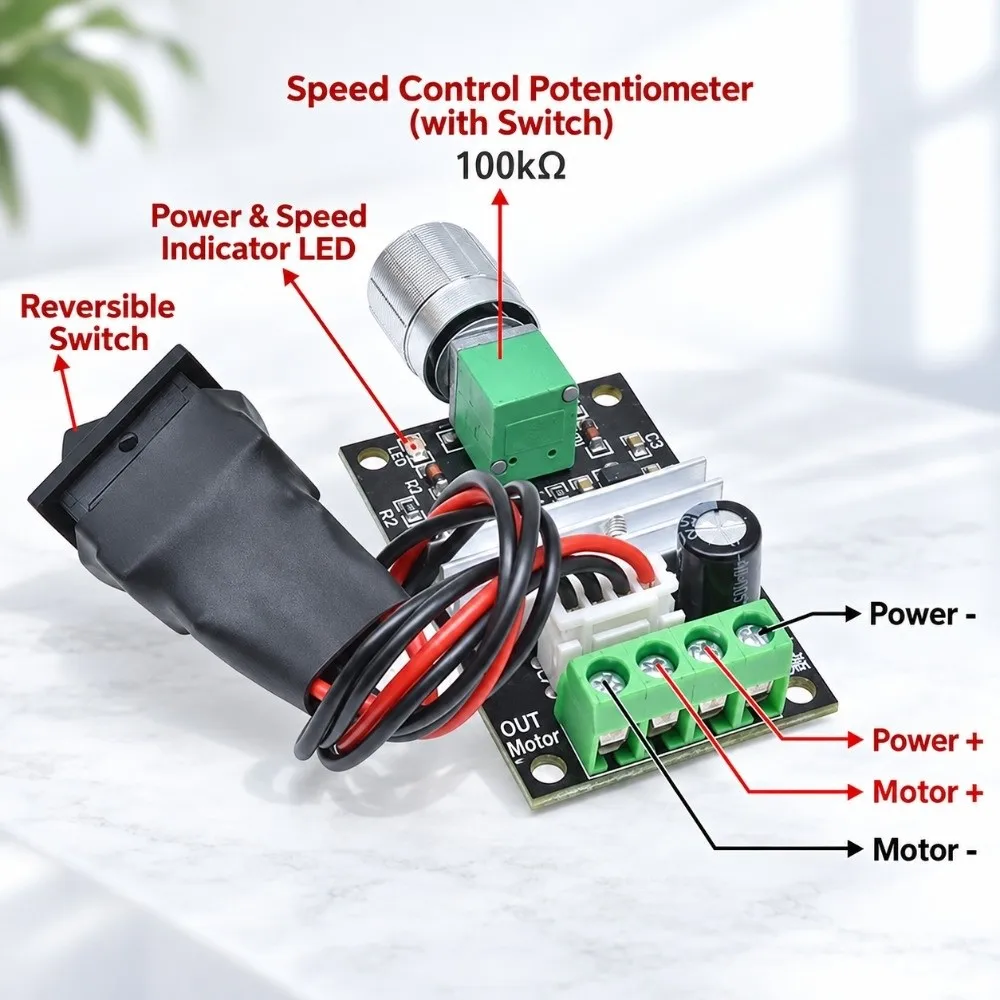 6‑28V Input Voltage DC Motor Speed Controller 80W Power Capacity Adjustable Knob Motor Speed Regulator Pulse Width Modulation