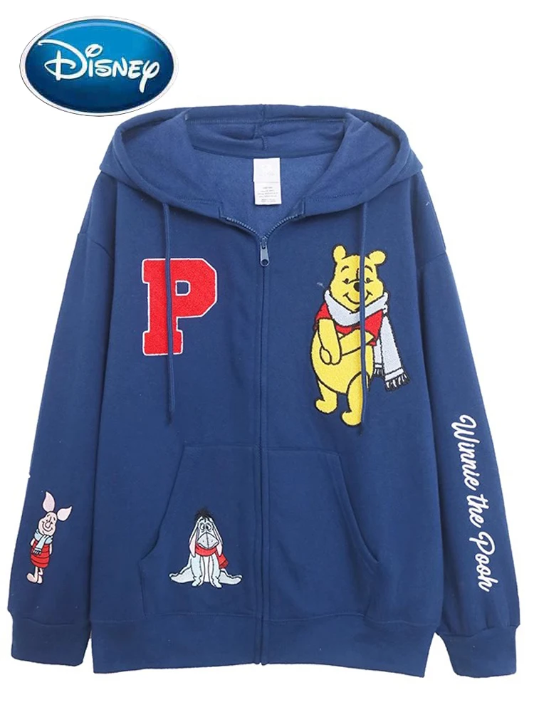 Disney Sweatshirt Anniversary Winnie the Pooh Eeyore Piglet Cartoon Print Embroidery Women Zip Pocket Hooded Jumper Fleece Tops