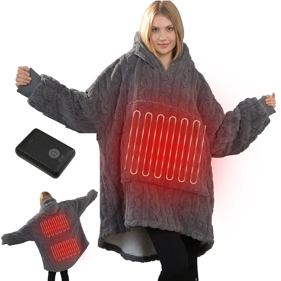 

Heated Wearable Blanket Battery Powered, Come with 5000mAh Portable Rechargeable Charger, USB Fannel Sherpa Oversized Hoodie Swe