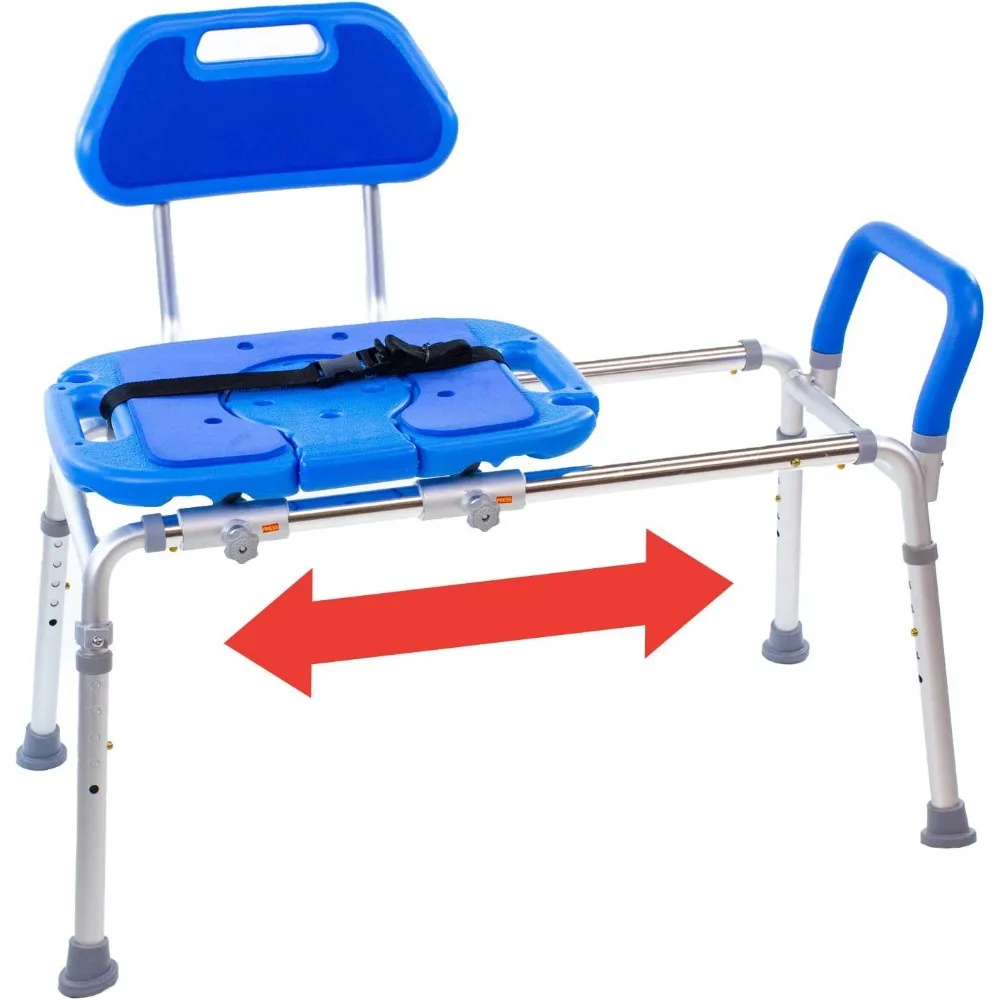 Shower Chair, Tub Sliding Bench, Padded, Seat with Opening for Tub, Adjustable Legs and Safety Belt, Sliding Shower Chair