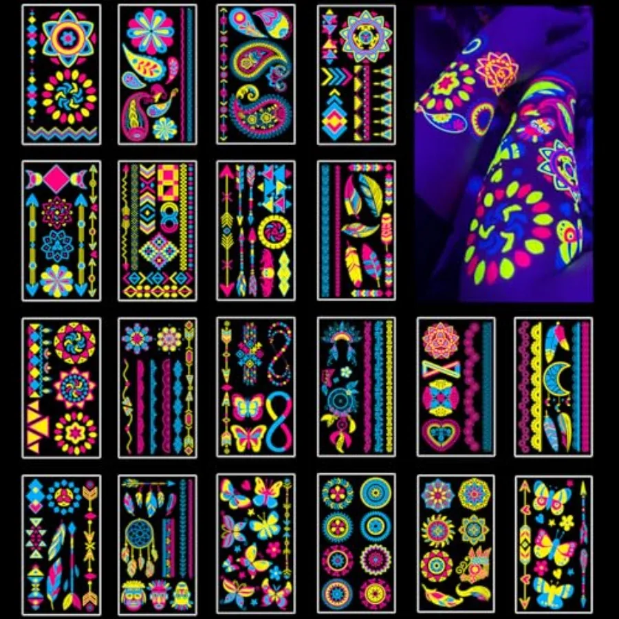 

Temporary Tattoos 170 PCS Glow in The Dark Tattoos that React to Neon UV Black Light, Tattoos for Teens and Adult, Neon Glow Pa