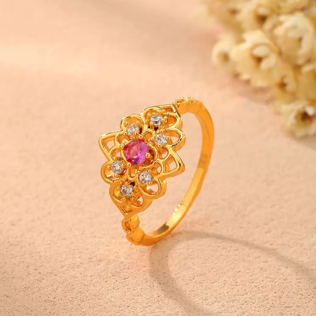 Violet Rhinestone Rose Flower Rings For Women Fashion Gold Color Hollow Finger Ring Engagement Wedding Promise Jewelry Gifts