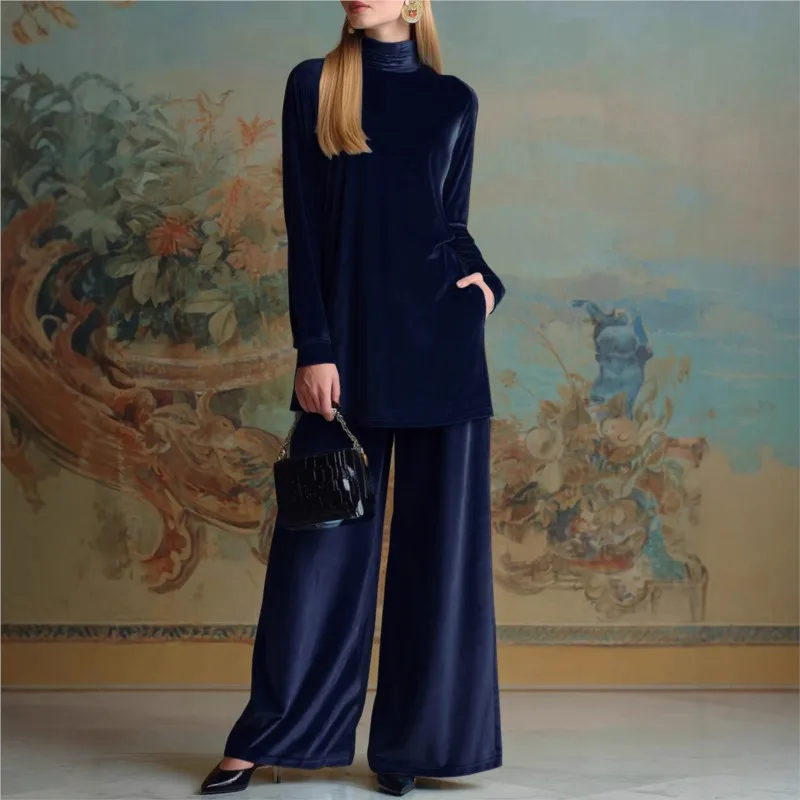 Moda retrò Velluto dorato Set due pezzi Pullover dolcevita Top + Pantaloni a gamba larga per donna 2025 Temperamento invernale Abito femminile