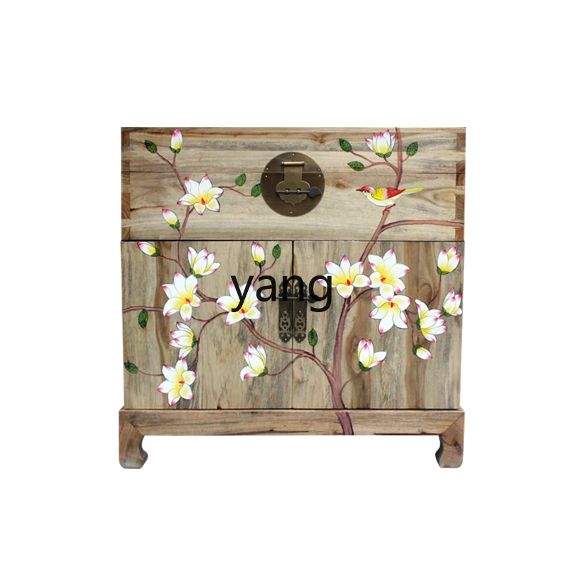 L'm'm Solid Wood Hand Drawn Flowers and Birds Pastoral Antique Sideboard Cabinet Modern Minimalist Entrance Cabinet