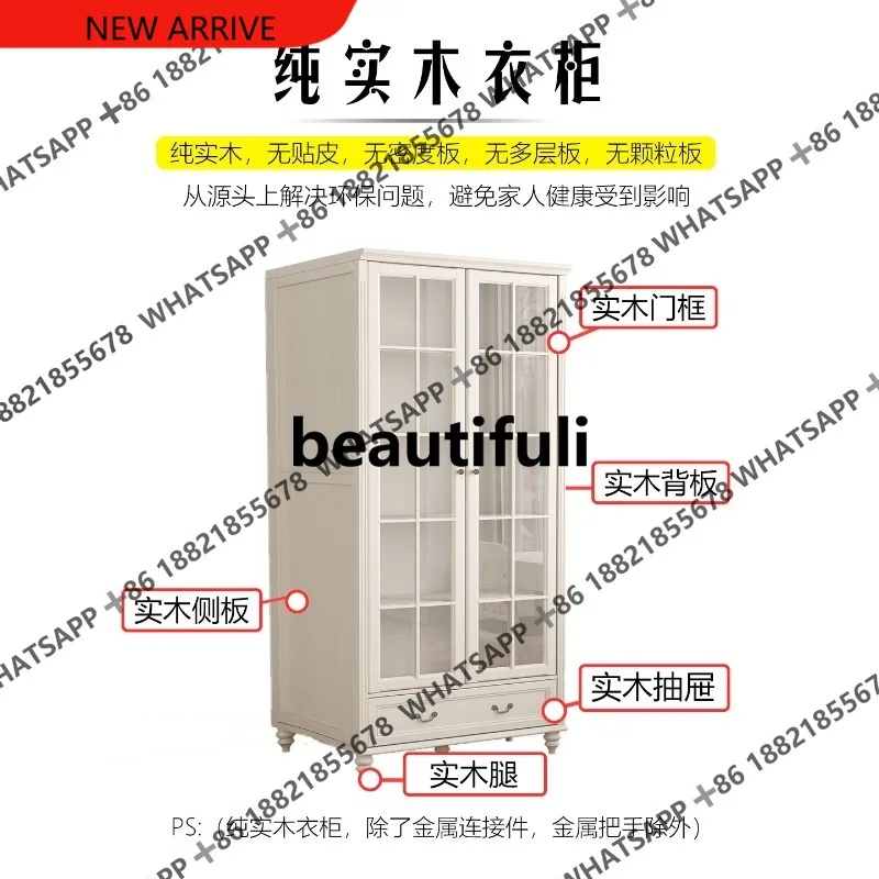 D178 American full solid wood vintage white wardrobe 2 door large wardrobe log storage cabinet