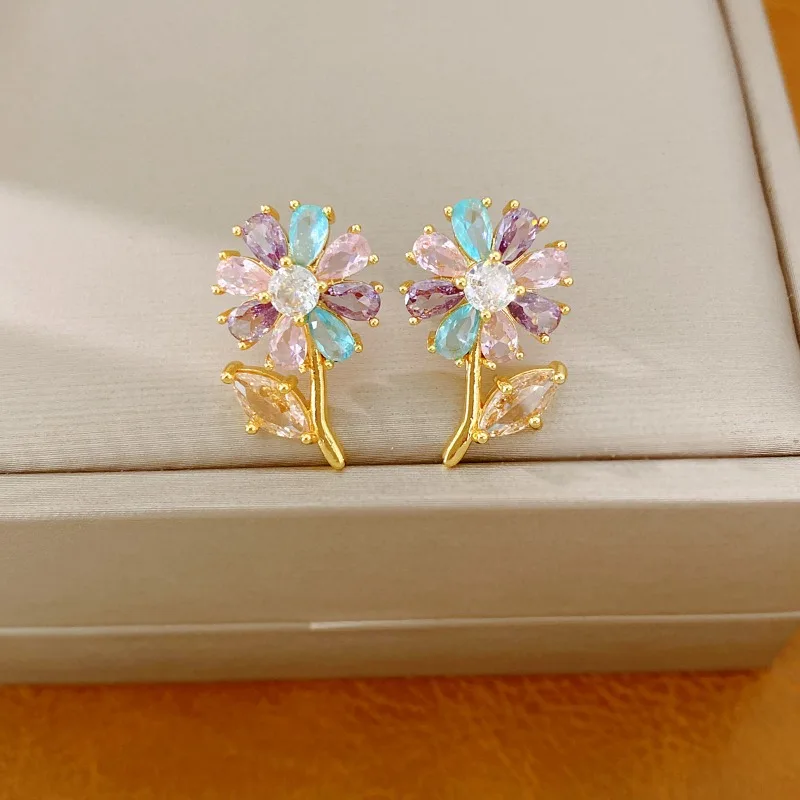 Multi Color Marquise Zircon Flower Stem Stud Earrings, Fresh Floral Luxury Women Fashion Jewelry