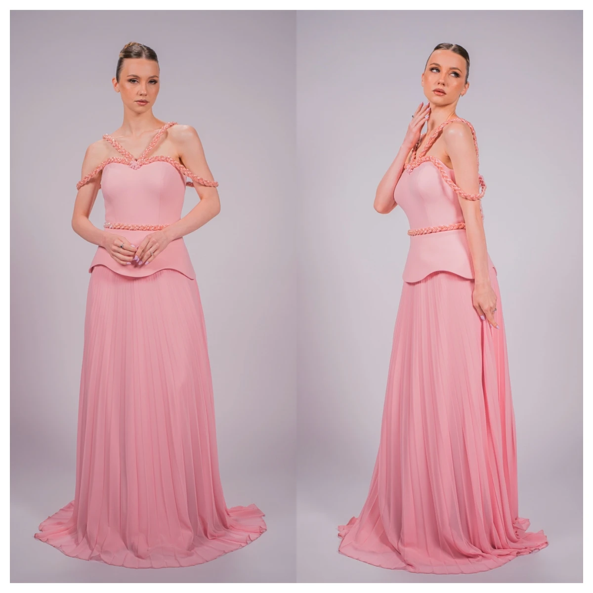 تخصيص أزياء الوردي الشيفون مساء اللباس قارب الرقبة قبالة الكتف أكمام فساتين المناسبات الخاصة فستان العودة للوطن