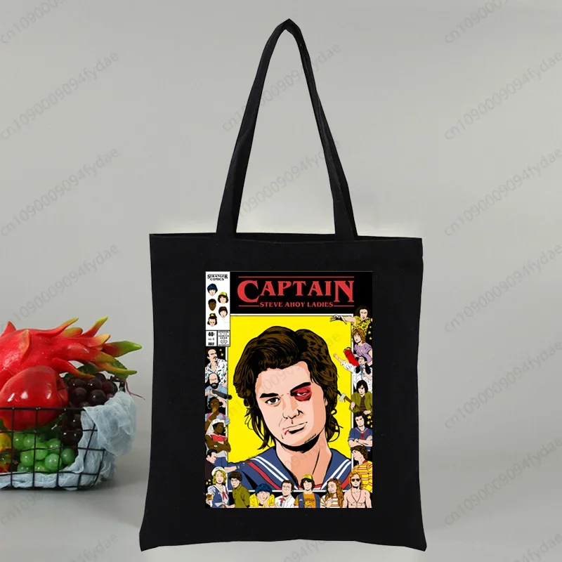 Stranger Things Harajuku 90S Tote Bag Woman Bags Ladies Shopping Bag Shoulder Bag Portable Foldable Black Handbag Large-capacity