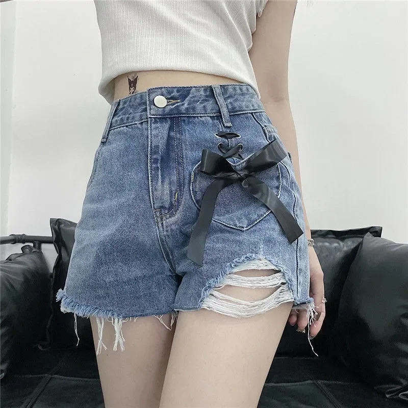 

2025 Women Denim Shorts with Bow Summer Loose High-waisted Trousers High Street Black and Blue Fashion Shorts Woman