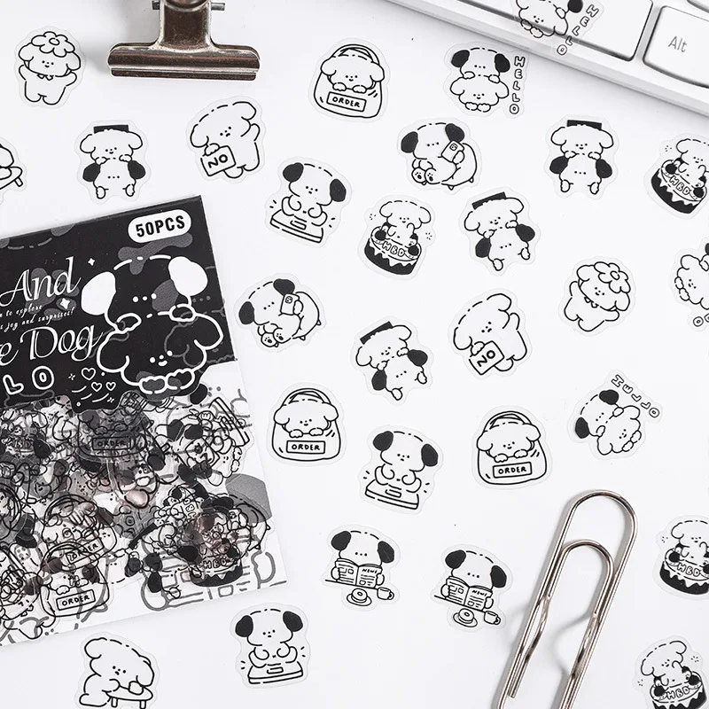 Mr. Paper, 6 Styles, 50pcs/bag, PET Cartoon Animal Sticker Bag, Transparent Simple Drawing Animal Sticker DIY Phone Case Diary