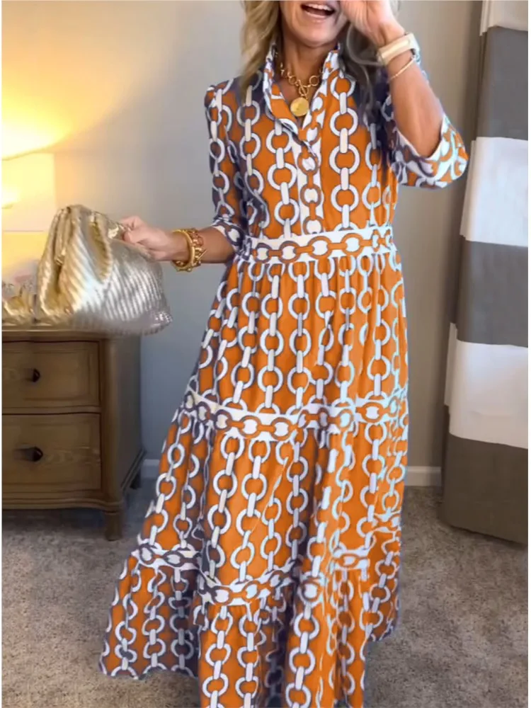 

Geometric Printed Long Dresses for women 2025 Spring autumn Half-sleeved v Neck Maxi Dress Trendy Fashion female casual Clothing