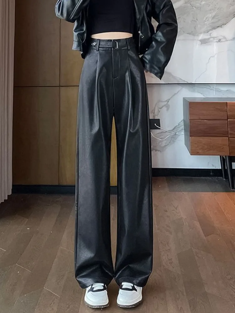 Black PU Wide Leg Pants Women High Waisted Loose Black Leather Pants for Women New Fashion Elegant Genuine Leather Women\'s Pants