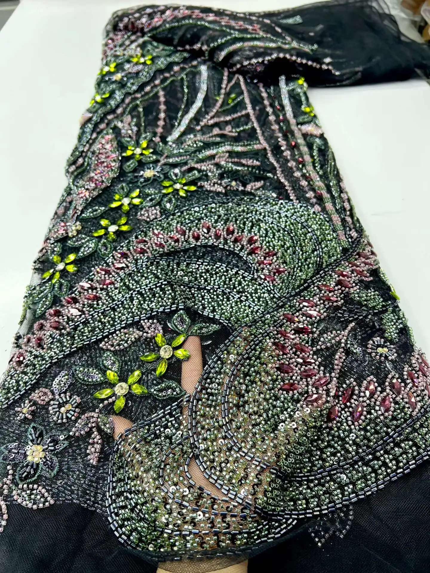 African Handcut Beaded Mesh Lace Fabric 3D Geometric Embroidery Nigerian Sequins Wedding Evening Party Dress Material