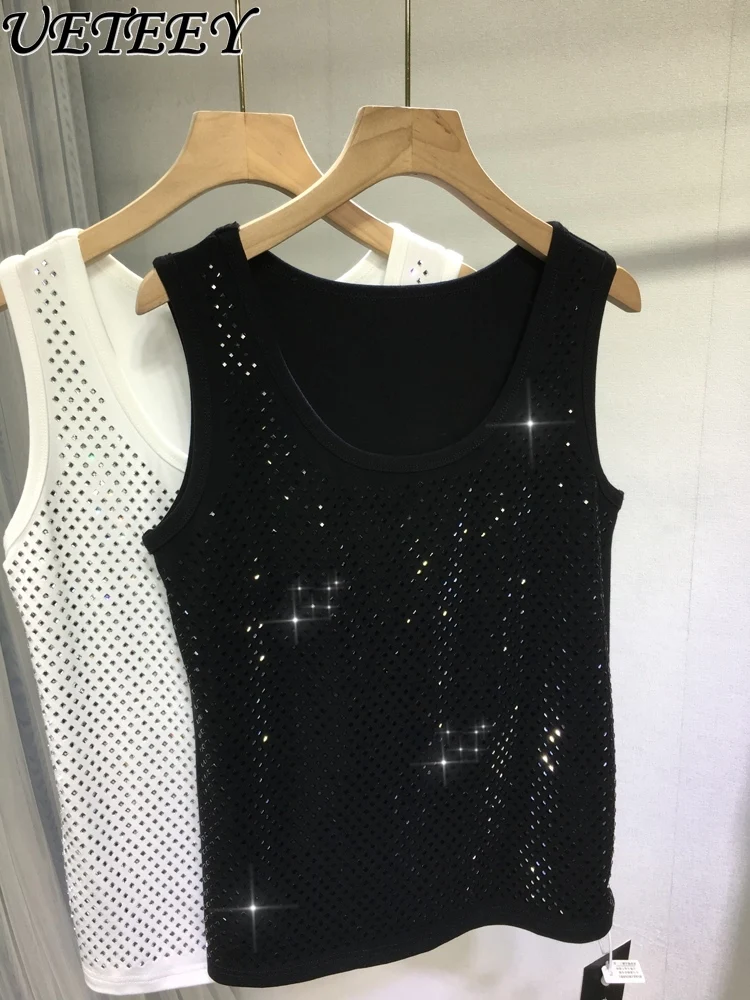 

Heavy Embroidery Hot Drilling Shiny Vest Top Women 2024 Spring New Cotton Versatile Round Neck Sleeveless Knitted Sweater Top