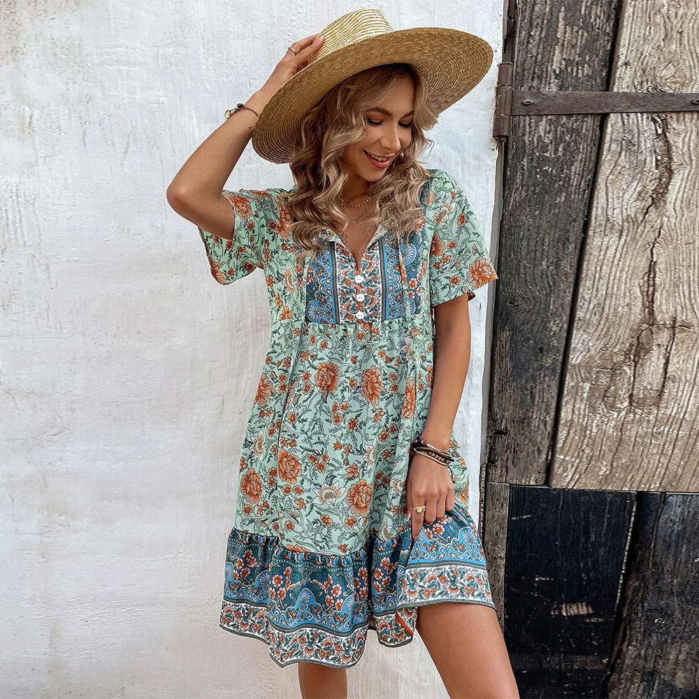 

A Spring Summer Chiffon Dress Women Midi DressesFemale Short Sleeve Elastic Waist Printed Floral Pleated Beach Casual Dress