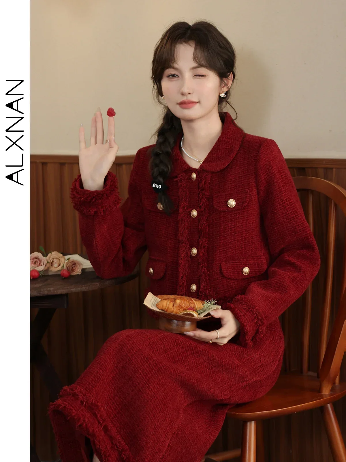 ALXNAN สีแดง A-Line กระโปรงผู้หญิง 2024 ฤดูใบไม้ร่วงฤดูหนาว Elegant Simple COMMUTER ผู้หญิง Midi กระโปรงแยกจําหน่าย LXN32767BQ