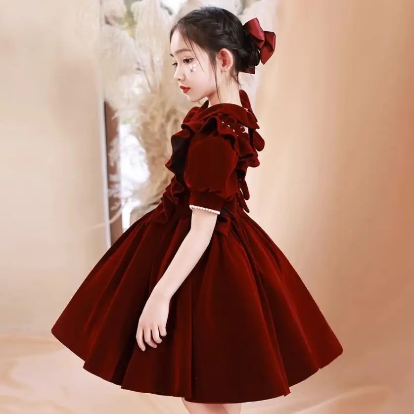 2024 New Baby Baptism Velvet Evening Gown Kids Host Wedding Birthday For Puff Sleeves Frocks Girls Formal Elegant Dresses A3395