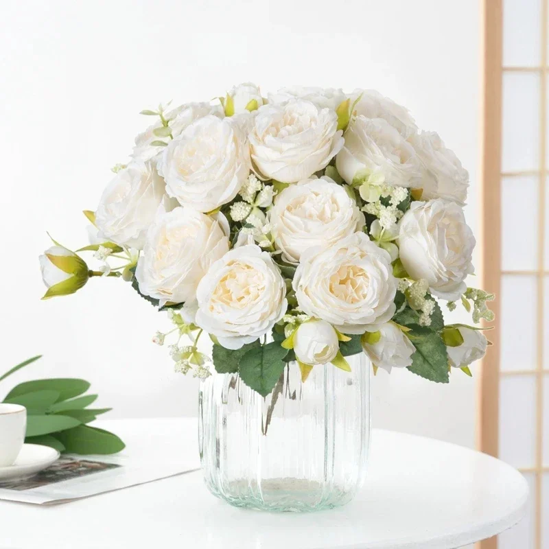 Artificial Flowers Fake Silk White Peonies Used for Home Room Vase Decoration Christmas Wreath Wedding Bouquet Party Accessories