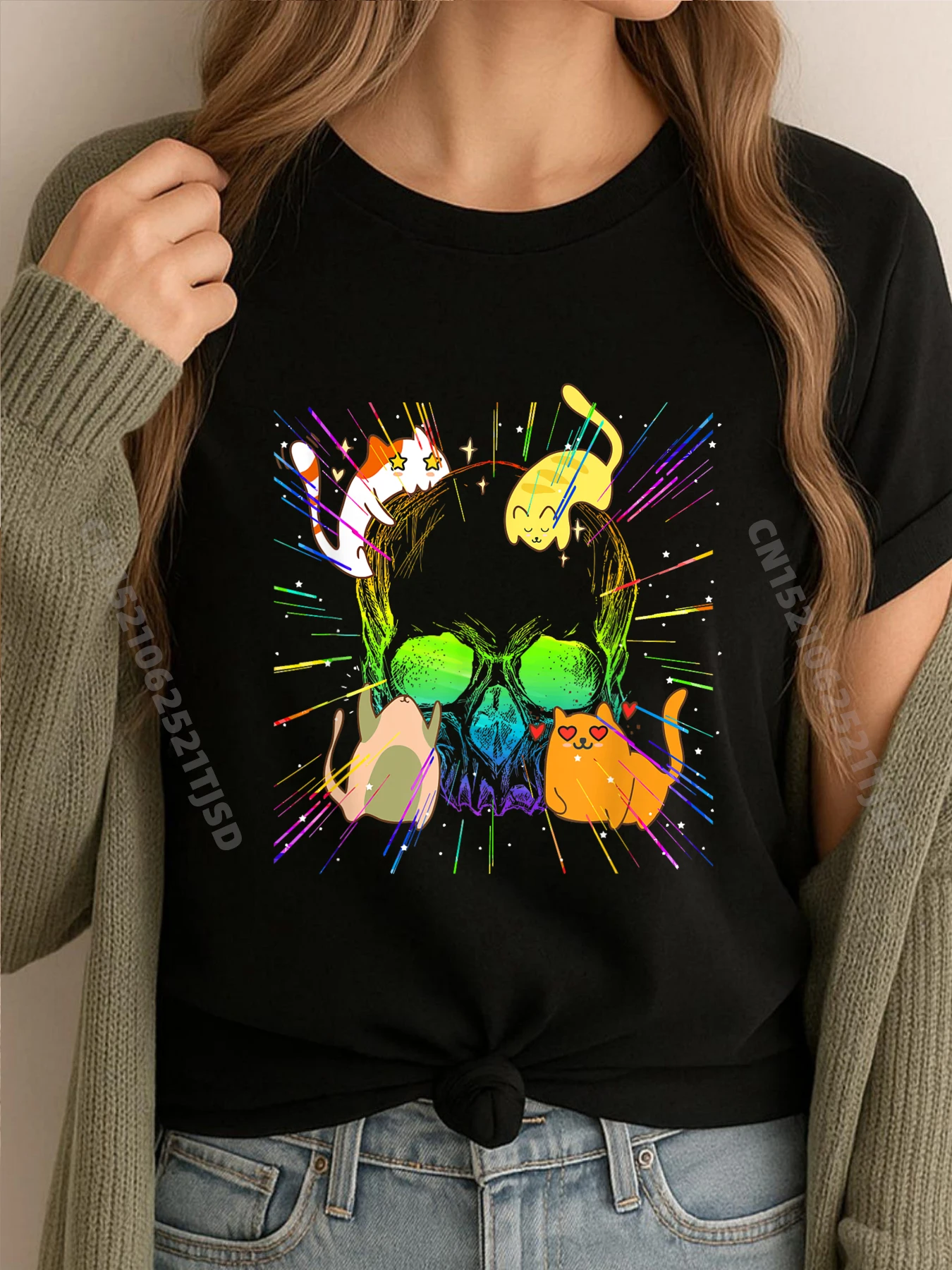 

Милый кот череп кошечка скелет страшный костюм на Хэллоуин футболка с принтом