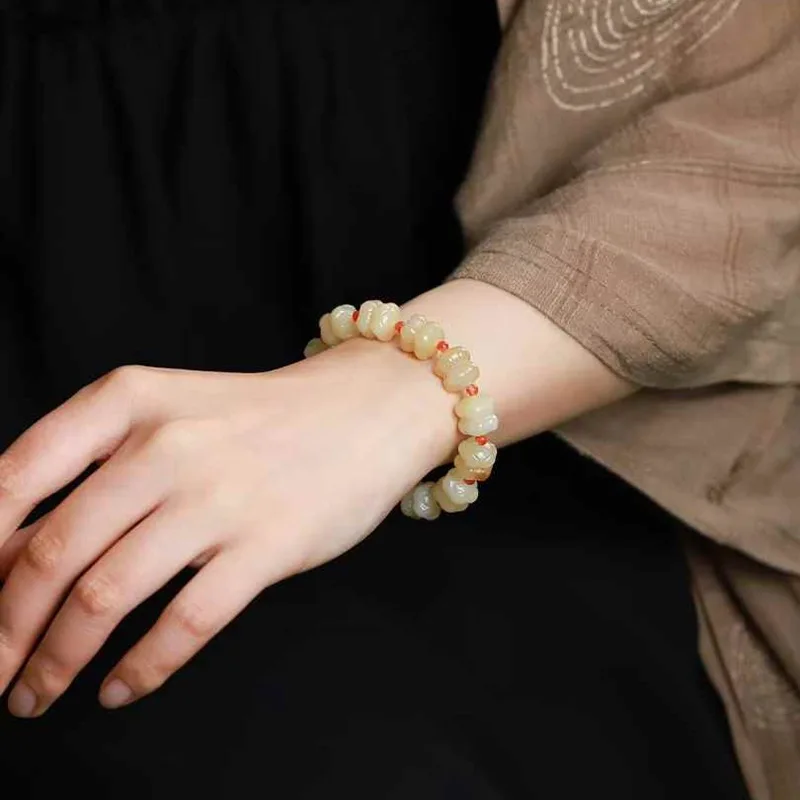Natural Hetian Jade Russian Old Material Light Sugar Color Double Bracelet With Certificate