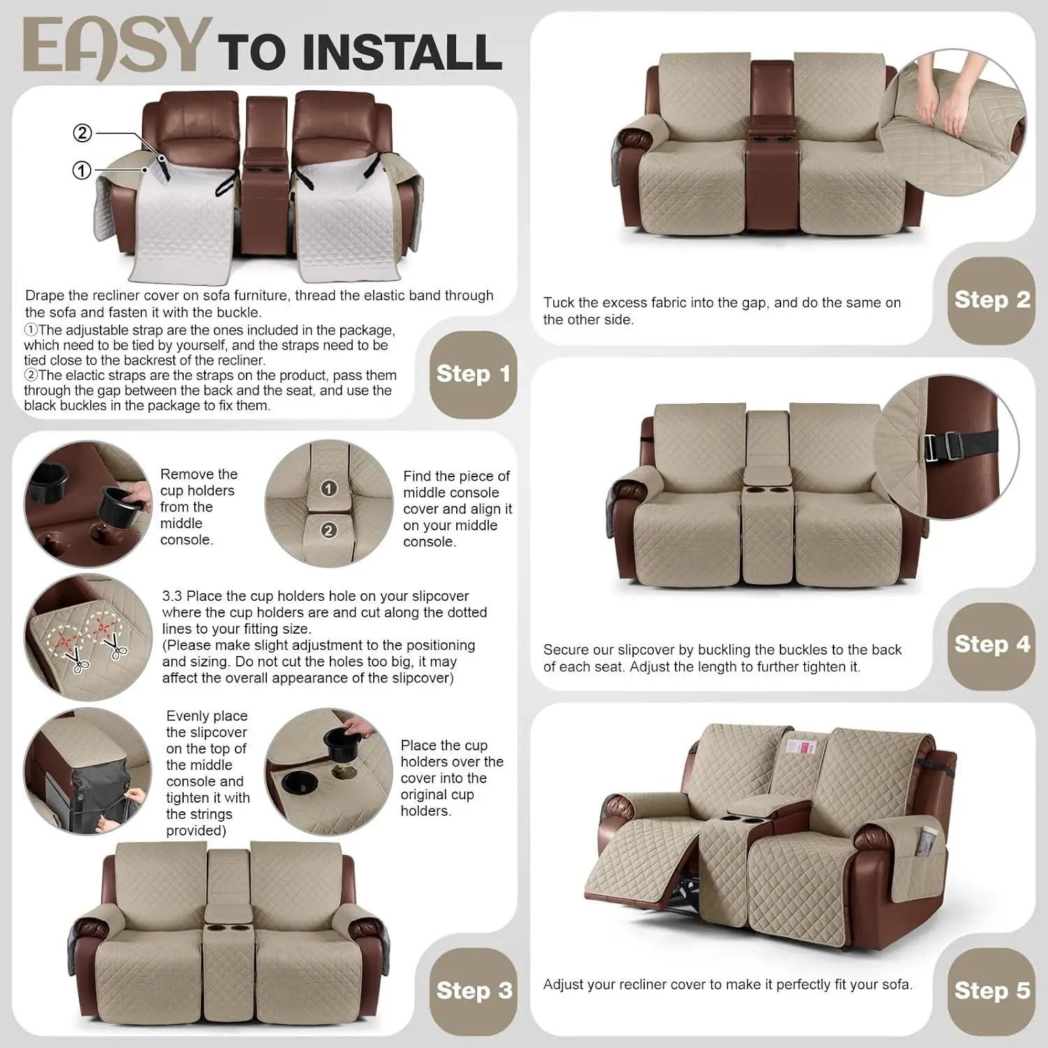 Waterproof Recliner Loveseat Cover with Console, Non-Slip Couch Protector for 2 Seats, Elastic Straps, Khaki