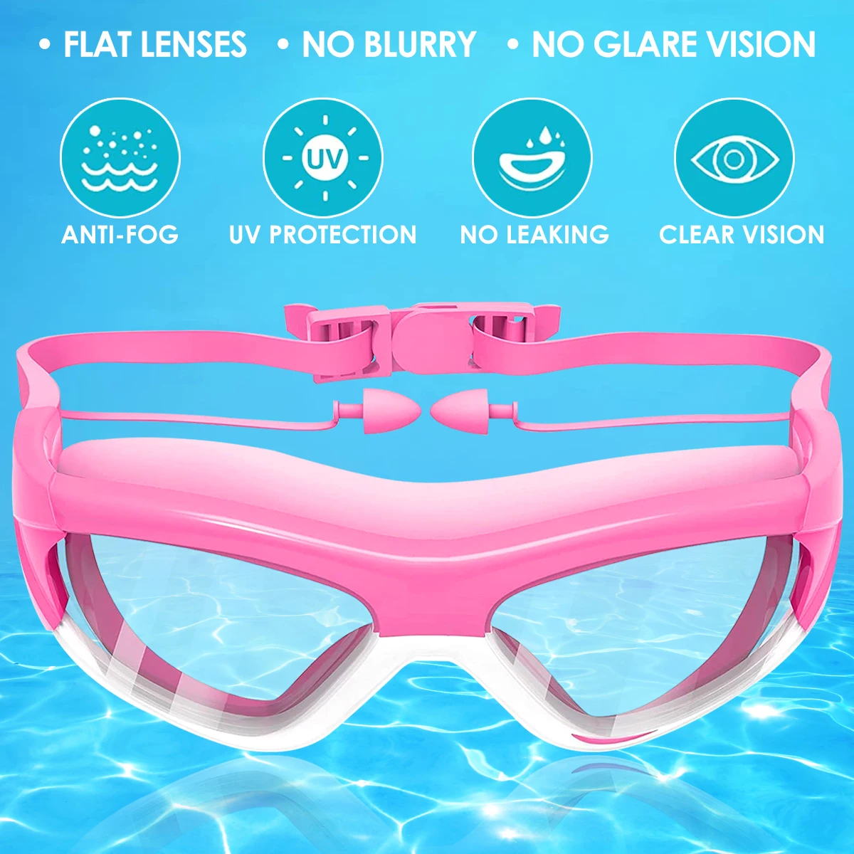 Kids Swimming Goggles Waterproof and Anti-fog HD Swimming Glasses Transparent Swimming Goggles Set with Strap Nose Clip Earplugs