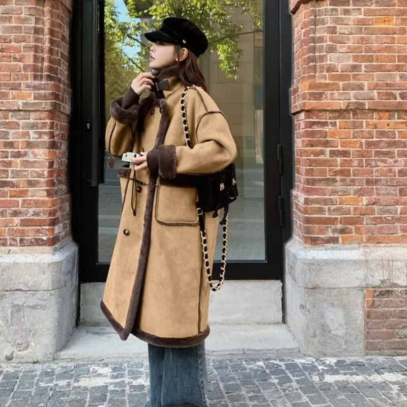 Womens Lambskin Trench Coat Winter Warm Fleece-lined Thicken New Fur One-piece Deer Skin Overcoat Double-breasted Pockets Jacket