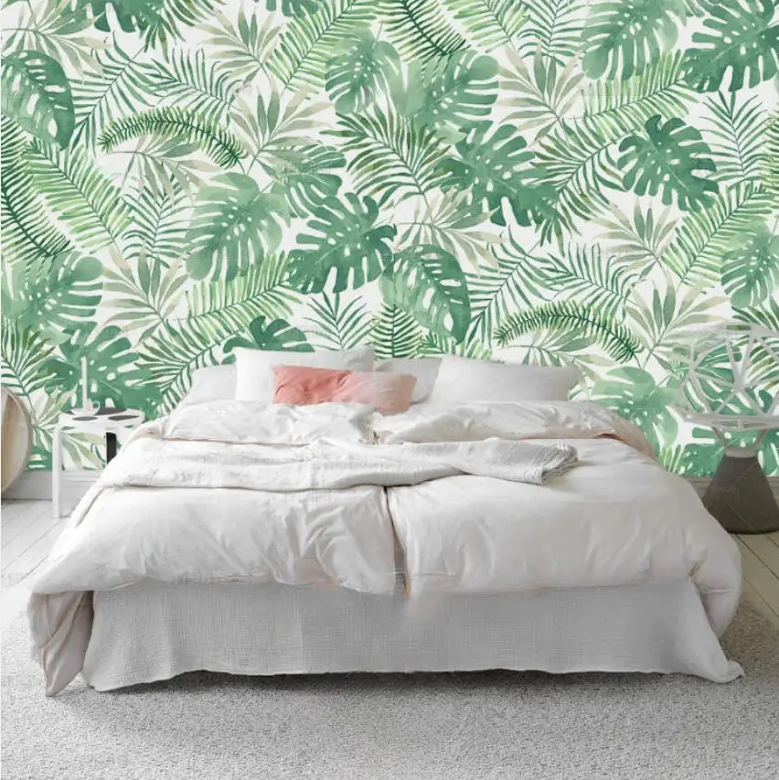 Custom leaf photo mural hand painted nordic tropical plants watercolor line drawing bedroom interior decoration 3d wallpaper