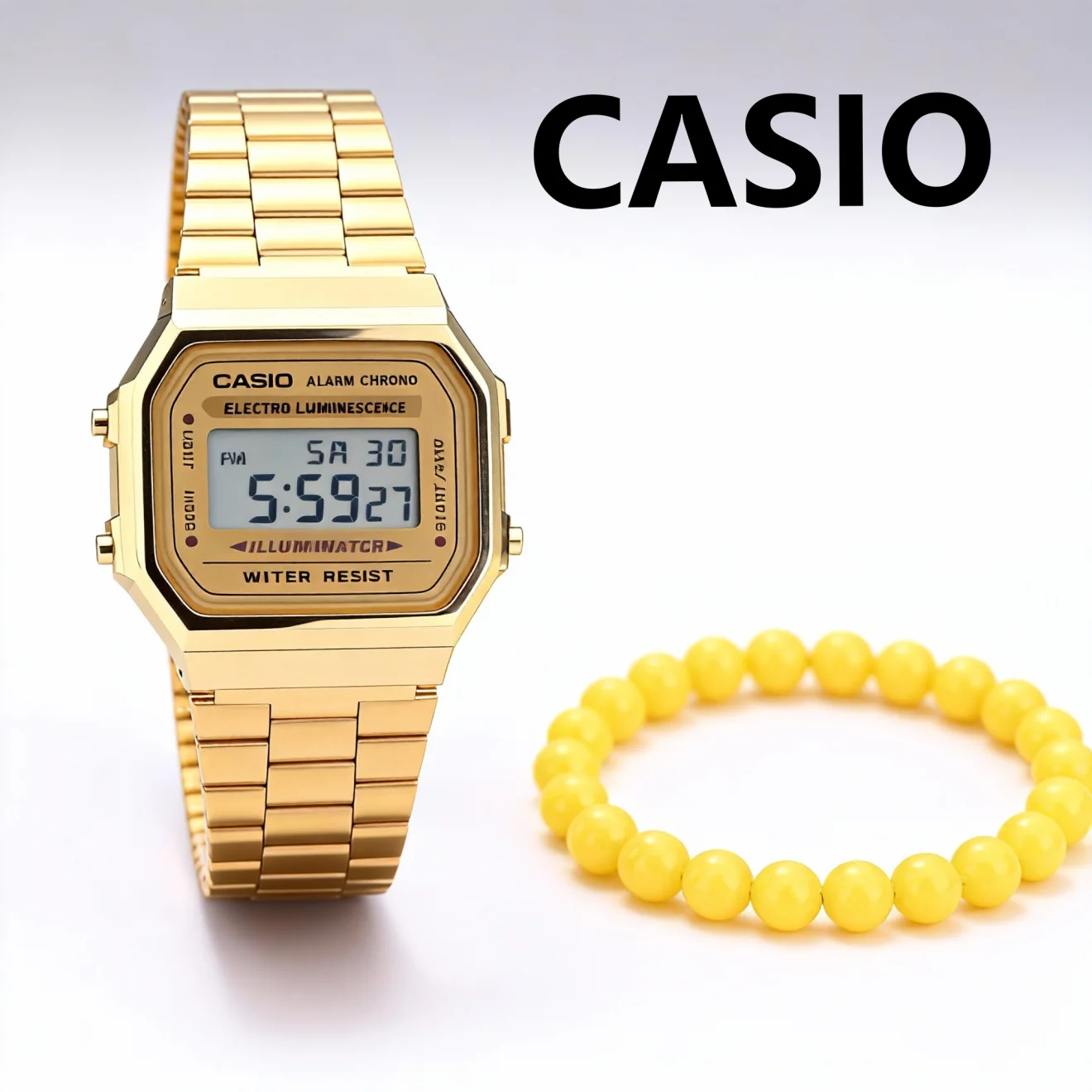 Casio A168WG Vintage Gold Small Square Digital Watch With Yellow Bead Bracelet Set, Men Women Classic Stainless Steel Wristwatch