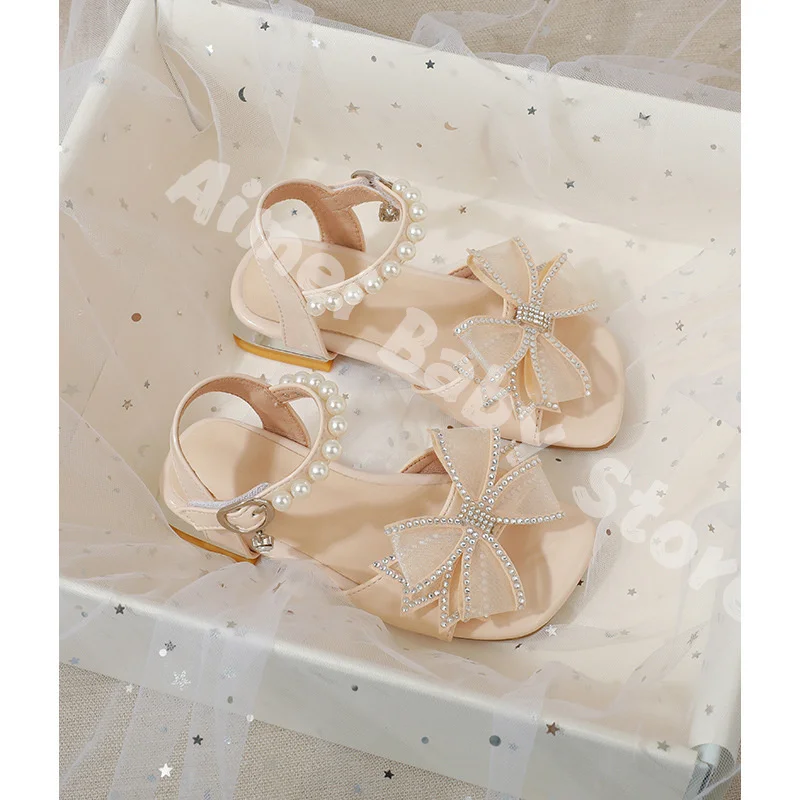 Children's Beach Sandals Little Girls Rhinestone Bow Buckle Strap Princess Shoes Kids Leather Non-slip Flat Wedding Sandals