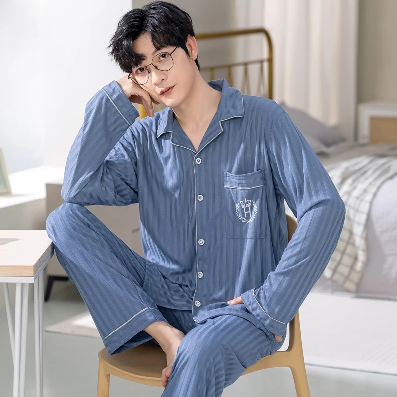 

2024 New Homewear for Men Autumn Cardigan Pajamas Set Young Boy Pjs Big Size L-5XL Lapel Pijamas Hombre bedding set Dropship