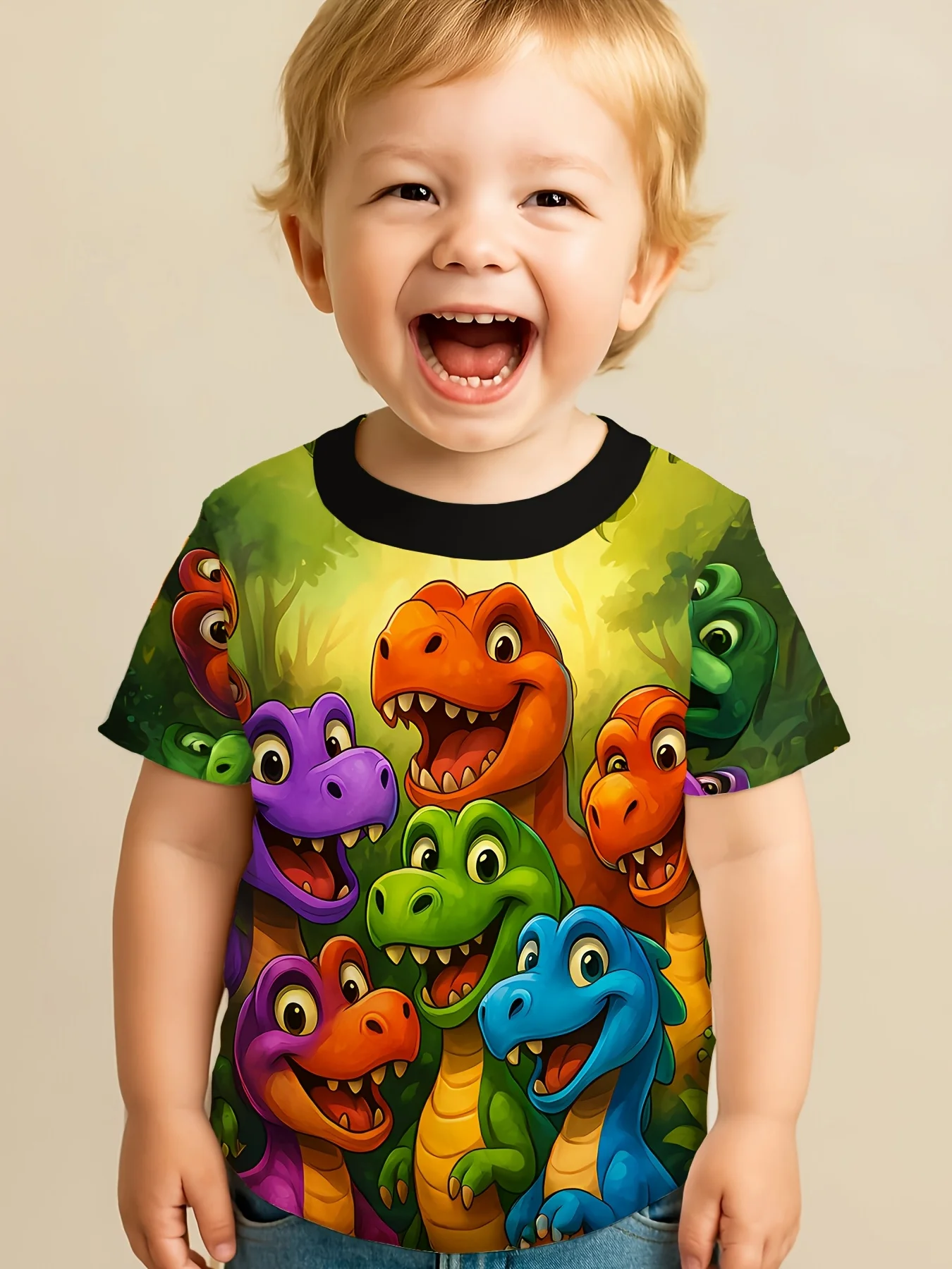 Colorful Dinosaur Squad Toddler Boys T‑Shirt  3D Cartoon Dinosaur Friends Print Soft Polyester Summer Crew Neck Top