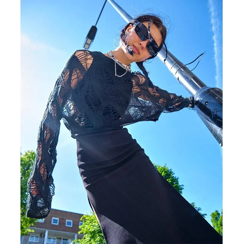 2023 New Knitted Beach Cover Up Women Sexy Top Long Sleeve Loose  Sweater Summer Trend Hollow Out Short Pullover T-shirt