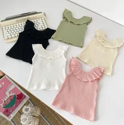 2024 Summer New Girls Candy Color Sweet Baby Tank Top Lotus Leaf Collar Vest Toddler Outwear Tops