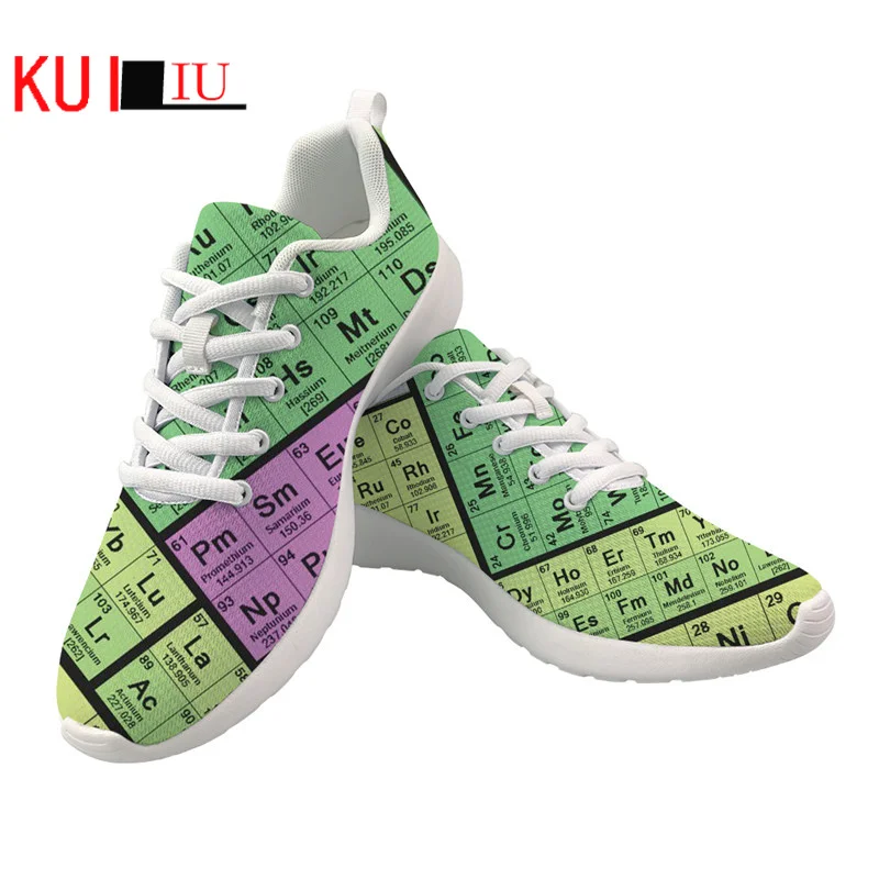 KUILIU Mesh Sneakers Flat for Womens Periodic Table of Chemical Elements Casual Sport Shoes Light Lace Up Footwear Mujer Pisos