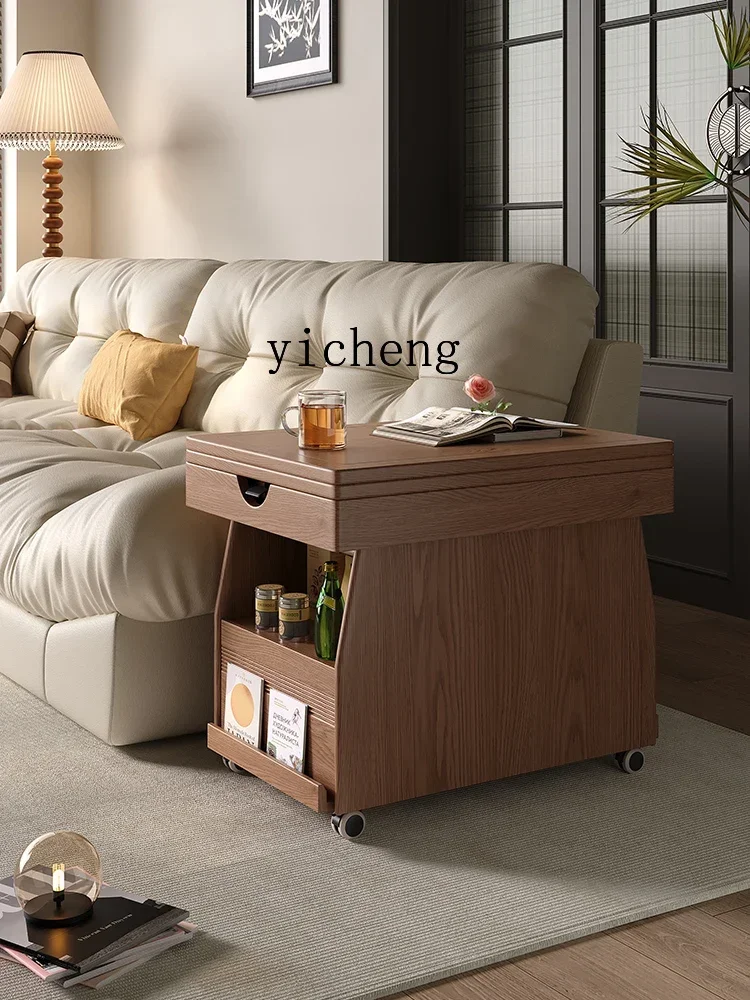 solid wood mobile coffee table living room home modern simple small apartment sofa lifting table folding cart side table