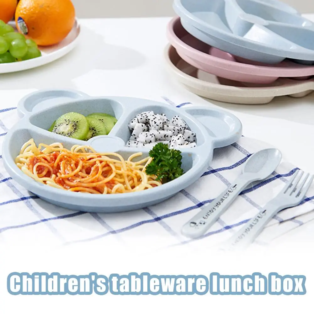 

Three Grids Children Grid Dinner Plate Student Bear Tableware Set Wheat Straw Cute Cartoon Lunch Box Dinner Plate Spoon Fork Set