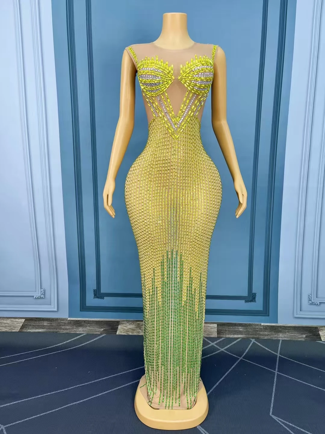 Żółto-zielona, błyszcząca, seksowna długa suknia na przyjęcie urodzinowe, wieczorowa, seksowna odzież damska z wyższej półki, Huangfeicui