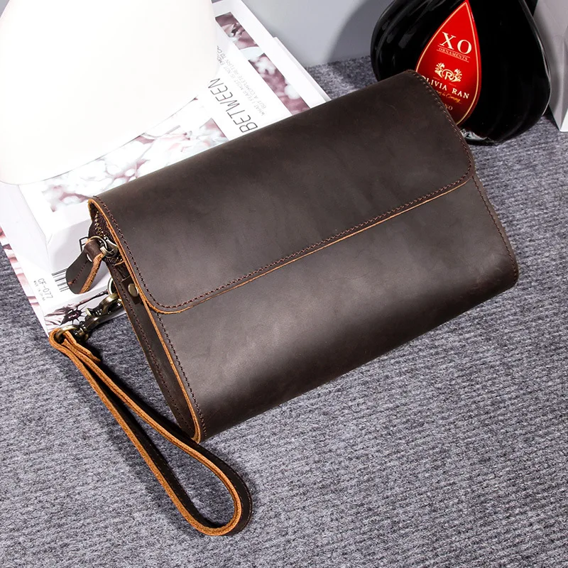 Men's Top Grain Cowhide Leather Clutch Bag 8 Inch Tablet Pouch Wear-resistant Handheld Business Purse