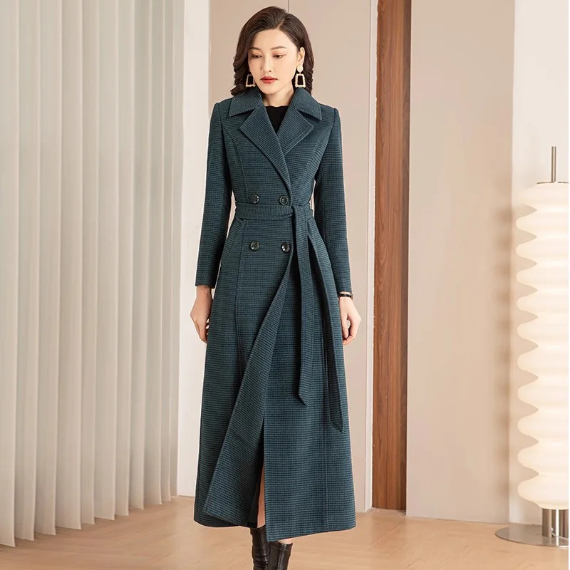 جديد نساء معطف من مزيج الصوف خريف موضة ياقة بدلة خصر نحيف مع حزام صدر مزدوج معطف صوفي أنيق بساطة معطف