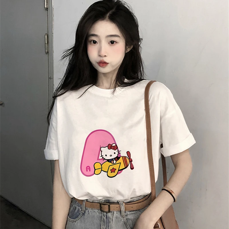 

HelloKittys Women T-shirt Letter A B C D Tee Shirts Fashion Anime Kawaii Cartoons Casual Clothes Cotton Unisex Streetwear Tops