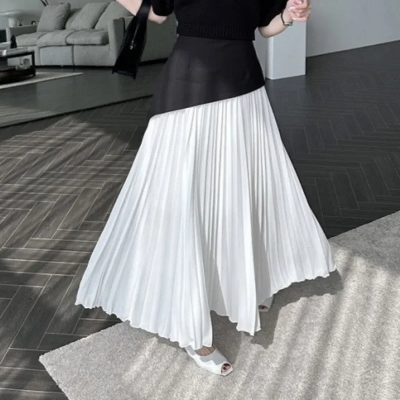 

Поддельные женские юбки из двух предметов, однотонные плиссированные элегантные трапециевидные юбки Faldas Mujer, корейская мода, лоскутная винтажная длинная юбка