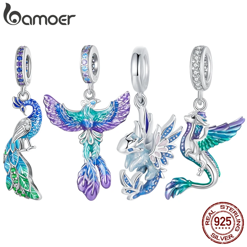 Bamoer 925 Sterling Silver Phoenix Pendant Dragon Charms Enamel Process Platinuma Fit Women DIY Bracelet Fine Jewelry