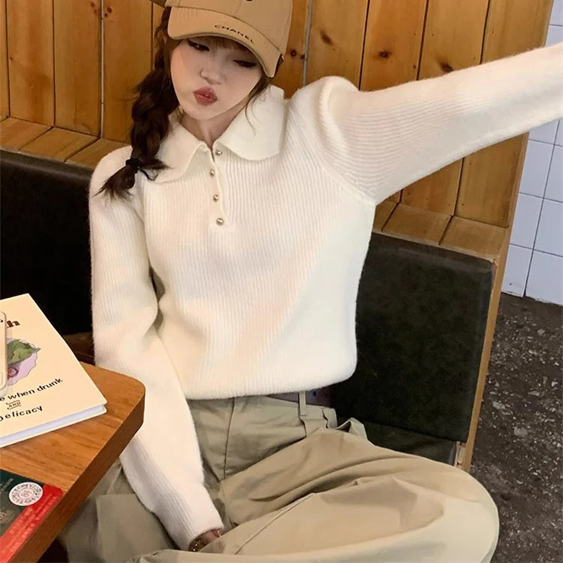 2026 Chic Turn Down Collar Knitted Sweaters Women Button Up Solid Color Sweater Pullovers Woman Korean Long Sleeve Jumpers Mujer